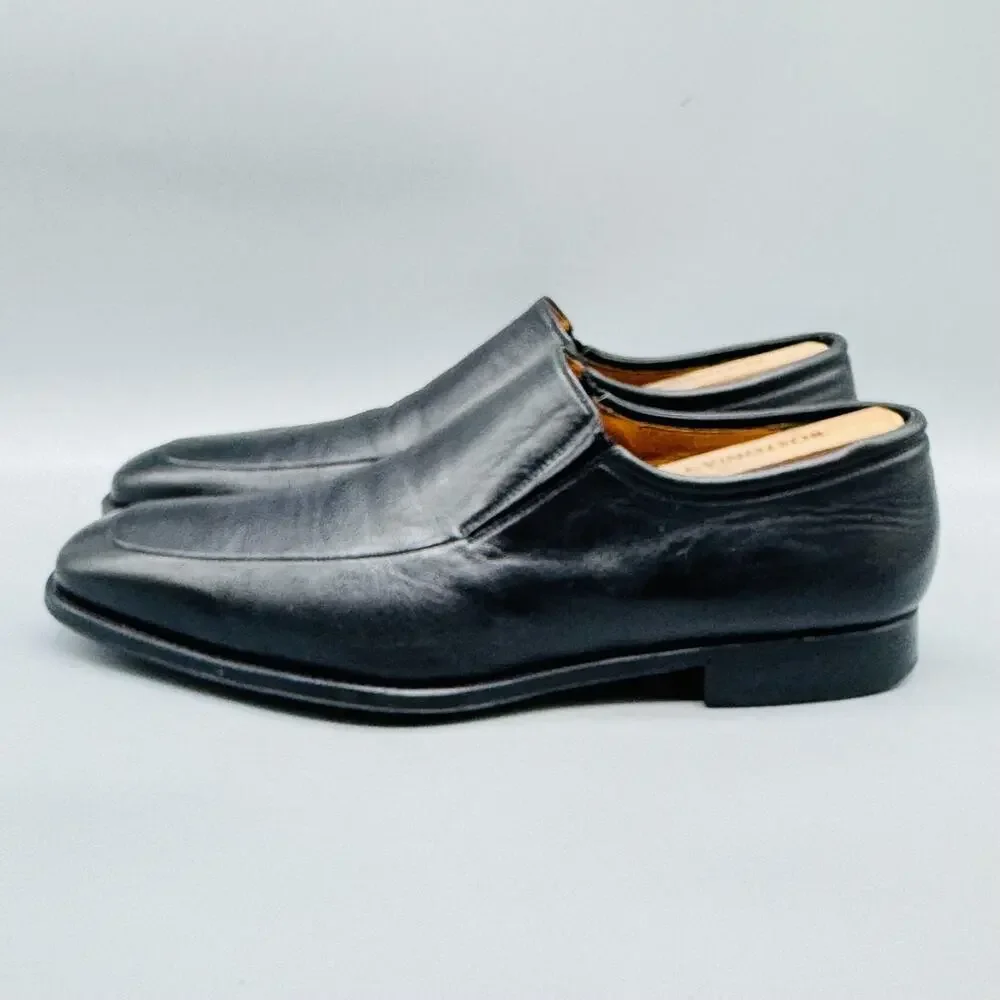 Magnanni Shoes Mens 10.5 Black Leather Slip On Loafers Dress Apron Toe Classic